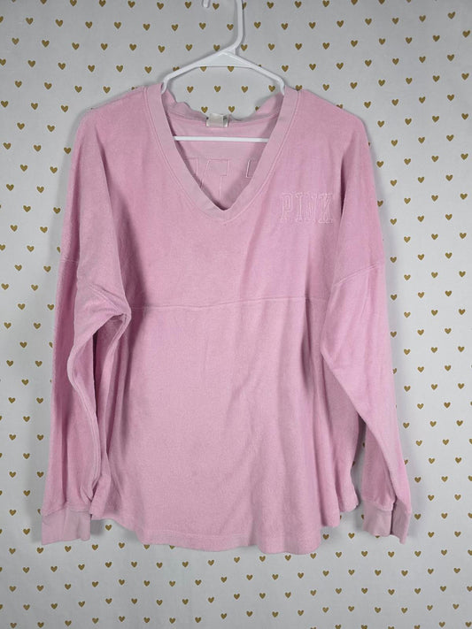 Victorias Secret Pink Fuzzy V Neck Logo V neck Sweater Shirt Small Oversized