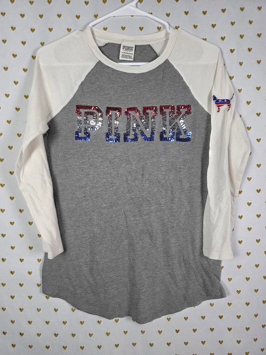Victorias Secret PINK USA DOG LOGO BLING SEQUINED Tee Raglan Shirt XS