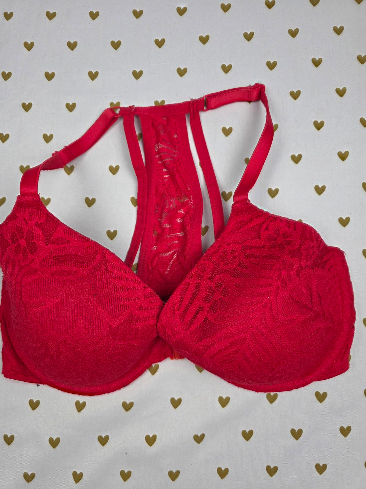 Victorias Secret PINK Red Racerback Front Close Bra Lace 32DD Lightly Lined