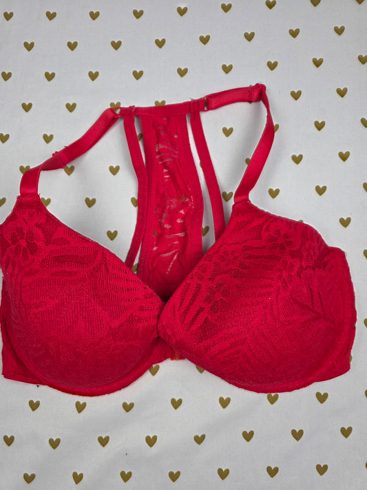 Victorias Secret PINK Red Racerback Front Close Bra Lace 32DD Lightly Lined