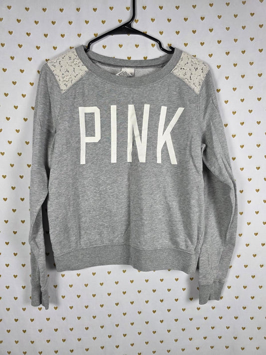 Victorias Secret Pink Lace accent Logo grey sweater Shirt XS