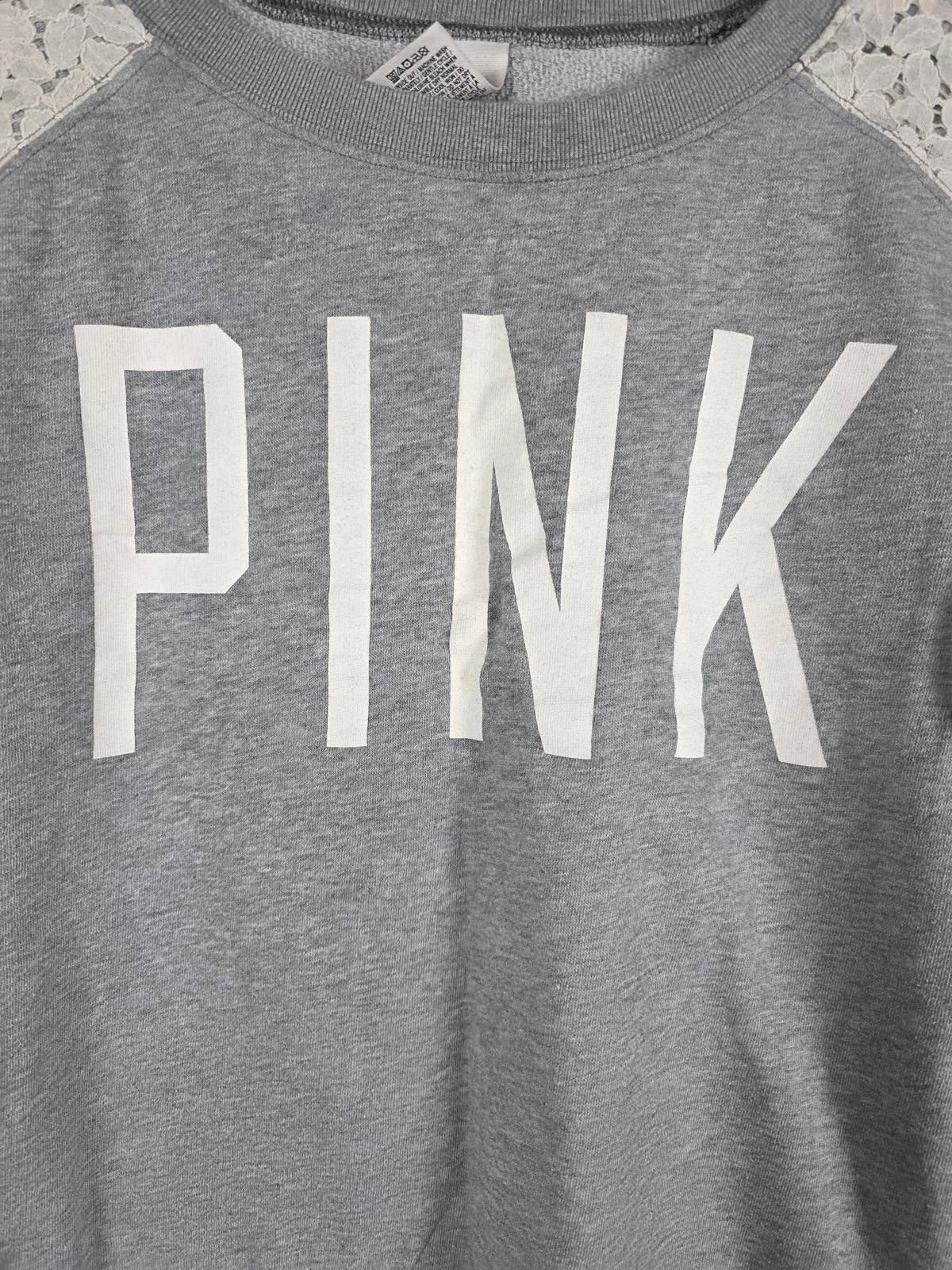 Victorias Secret Pink Lace accent Logo grey sweater Shirt XS