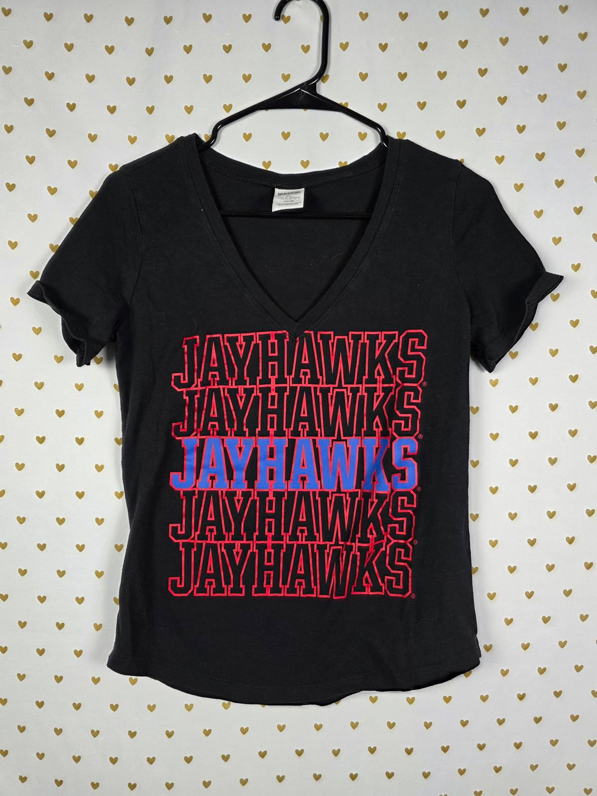 Victorias Secret PINK University of Kansas JAYHAWKS V neck Tee shirt SMALL