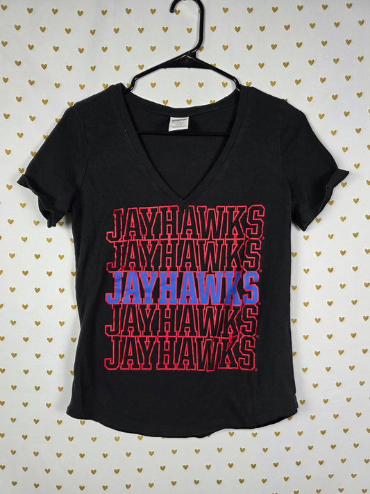 Victorias Secret PINK University of Kansas JAYHAWKS V neck Tee shirt SMALL