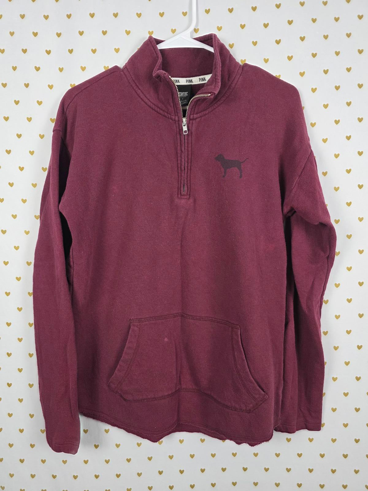 Victorias Secret Pink Maroon Red Quarter Zip Pullover Sweater Pockets SMALL