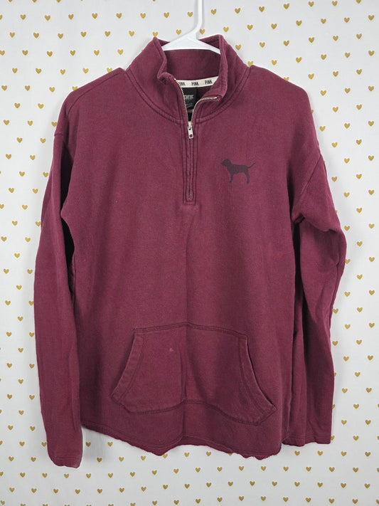 Victorias Secret Pink Maroon Red Quarter Zip Pullover Sweater Pockets SMALL