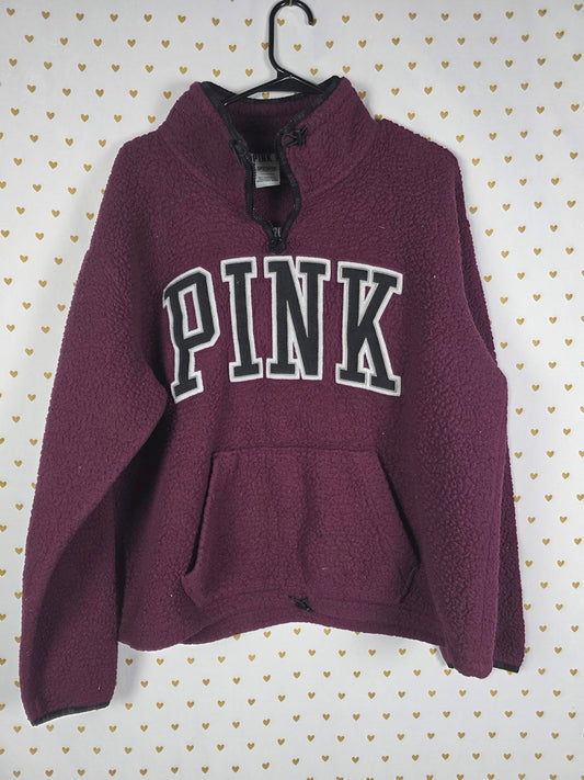 Victorias Secret Pink Fleece Embroidered Logo Quarter zip sweater Jacket maroon