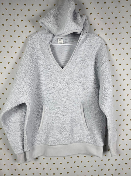 Victorias Secret Pink Thick V neck Fuzzy Fleece Hooded Sweater Teddy Bear SMALL