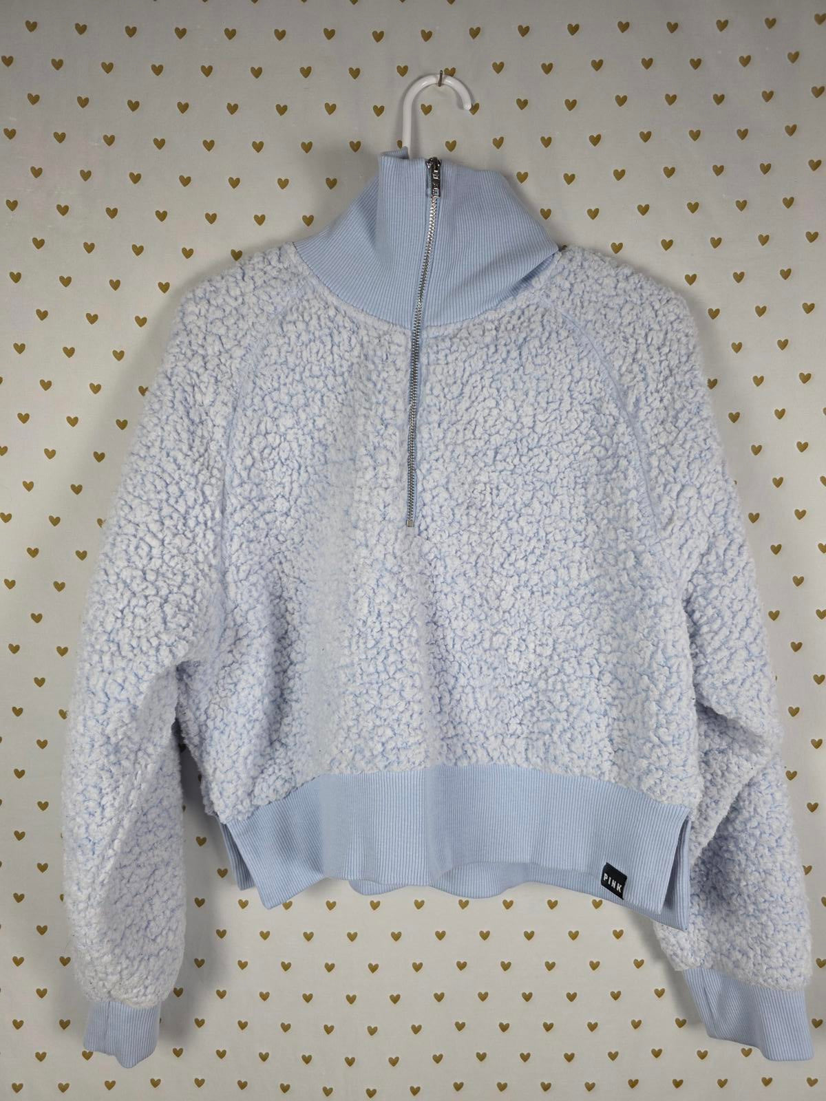 Victorias Secret Pink Fuzzy Cropped Thick Quarter Zip Sweater LARGE