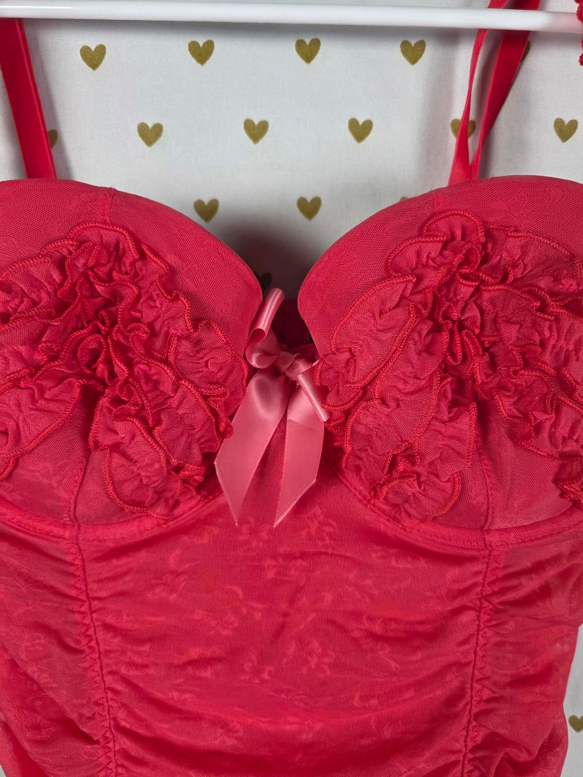 SEXY LITTLE THINGS 34D Red Ruched Underwire Sexy Bow Lingerie Nightie Coquette