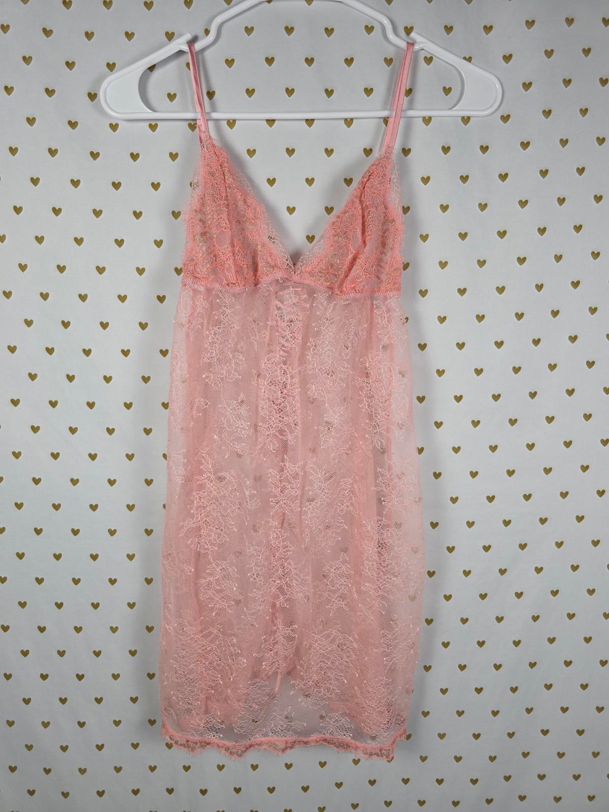 Victorias Secret Peach Lace Up Lace Sexy Sheer Nightie Lingerie Sleep Dress SM