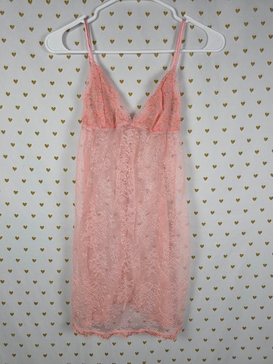 Victorias Secret Peach Lace Up Lace Sexy Sheer Nightie Lingerie Sleep Dress SM