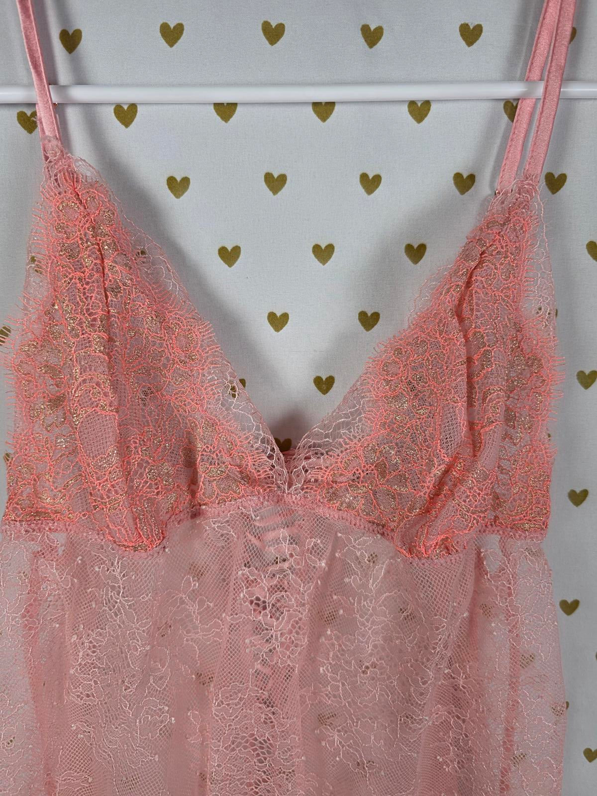 Victorias Secret Peach Lace Up Lace Sexy Sheer Nightie Lingerie Sleep Dress SM