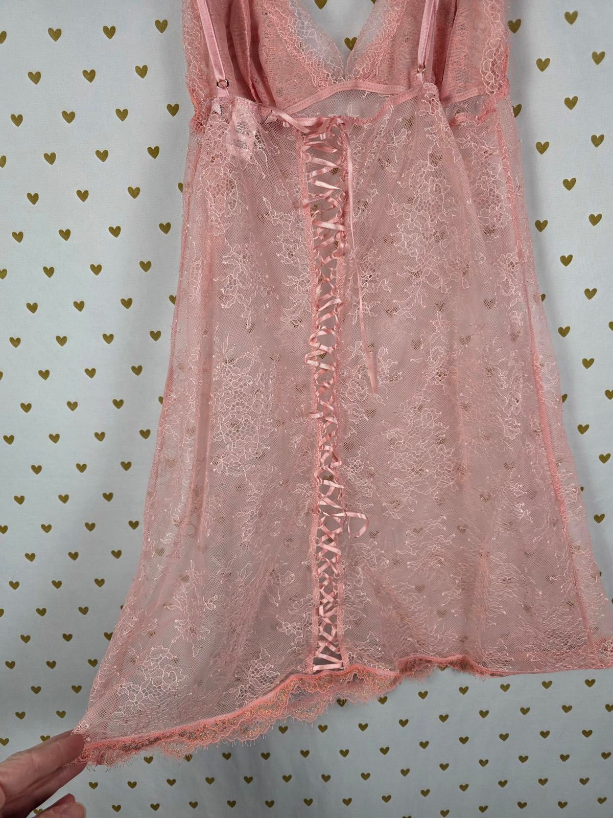 Victorias Secret Peach Lace Up Lace Sexy Sheer Nightie Lingerie Sleep Dress SM