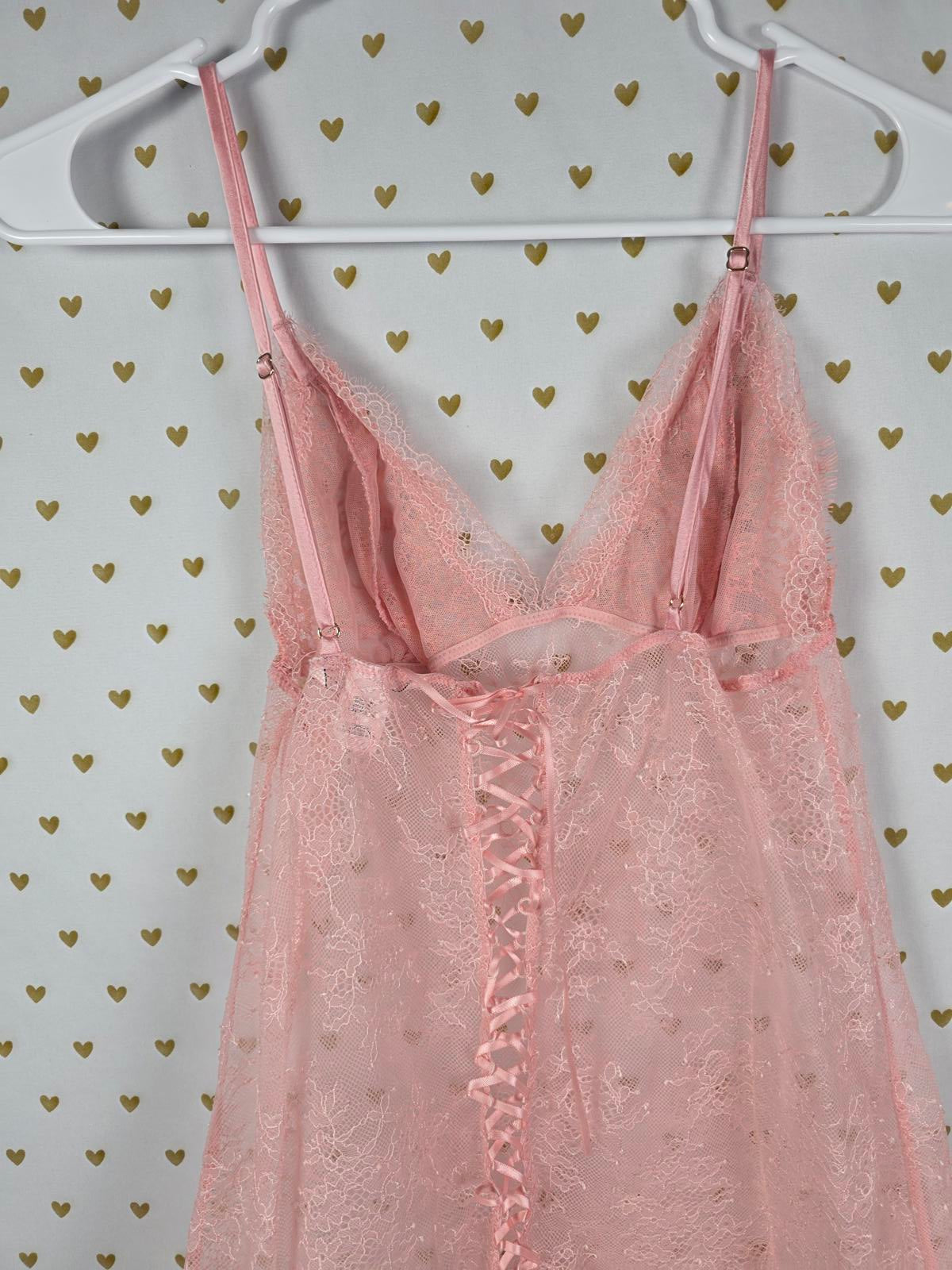 Victorias Secret Peach Lace Up Lace Sexy Sheer Nightie Lingerie Sleep Dress SM