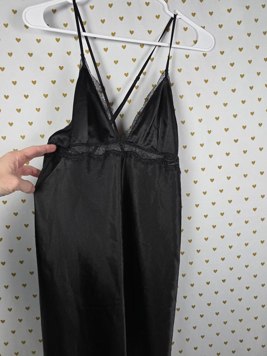 Victorias Secret Satin Black Strappy Chemise Slip Lingerie Nightie MEDIUM