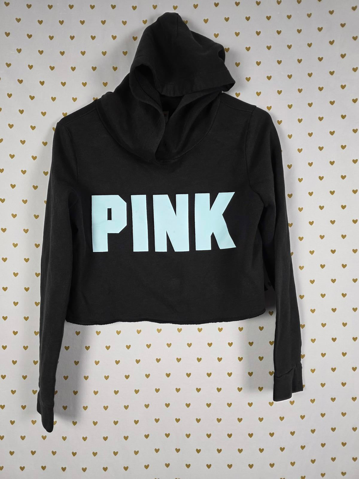 Victorias Secret Pink Dark Blue Logo Hooded Cropped Tee Shirt XS