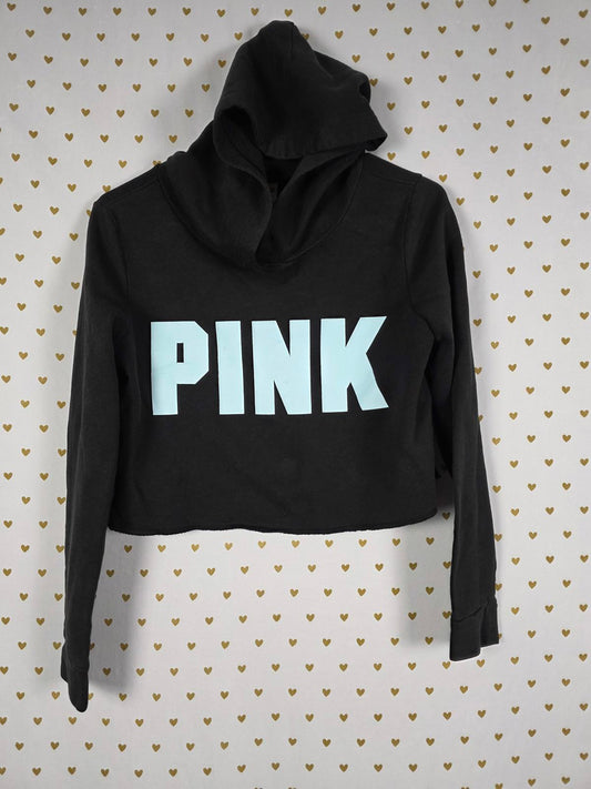 Victorias Secret Pink Dark Blue Logo Hooded Cropped Tee Shirt XS