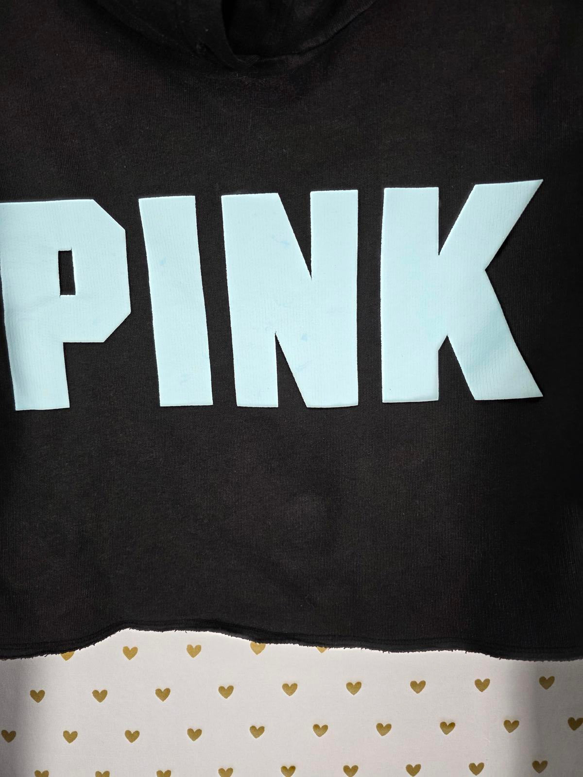 Victorias Secret Pink Dark Blue Logo Hooded Cropped Tee Shirt XS