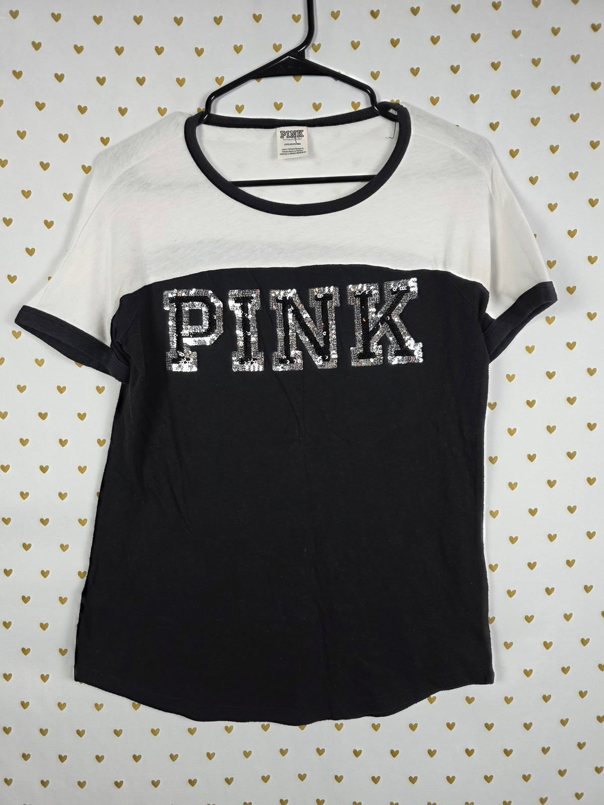 Victorias Secret PINK Colorblock BLING Silver Sequined Logo Tee Shirt SMALL