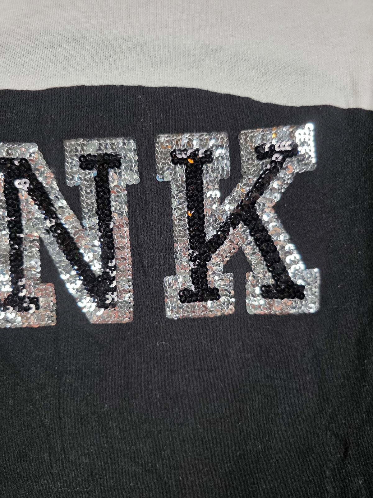 Victorias Secret PINK Colorblock BLING Silver Sequined Logo Tee Shirt SMALL