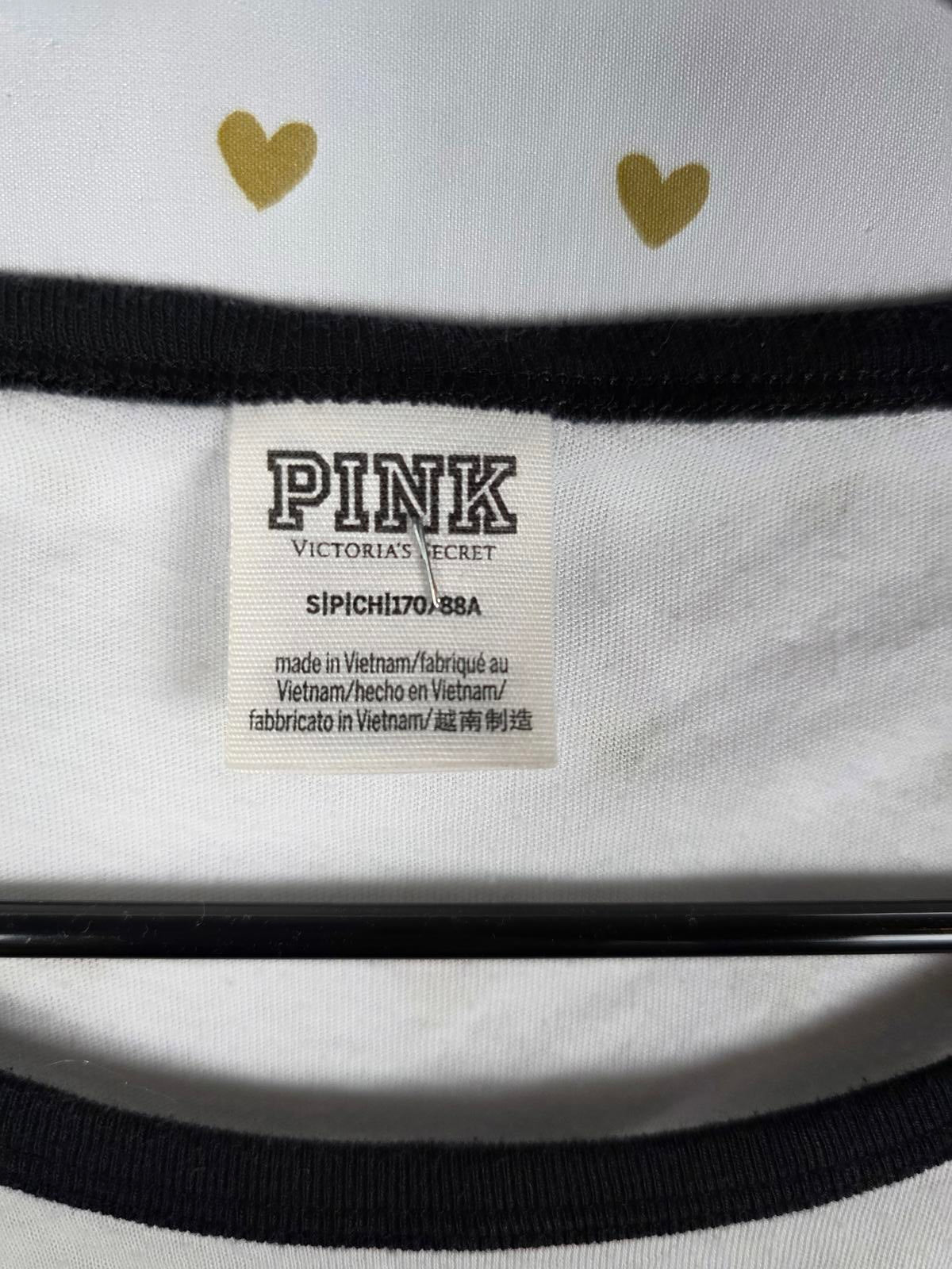 Victorias Secret PINK Colorblock BLING Silver Sequined Logo Tee Shirt SMALL