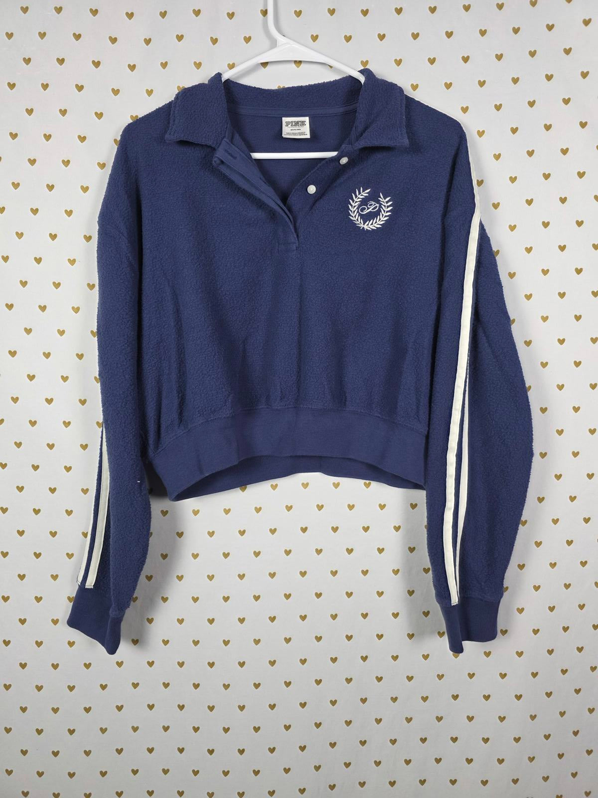 Victorias Secret Pink Cropped Fleece Fuzzy Logo Sweater Shirt Blue Medium