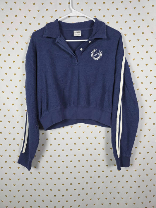 Victorias Secret Pink Cropped Fleece Fuzzy Logo Sweater Shirt Blue Medium
