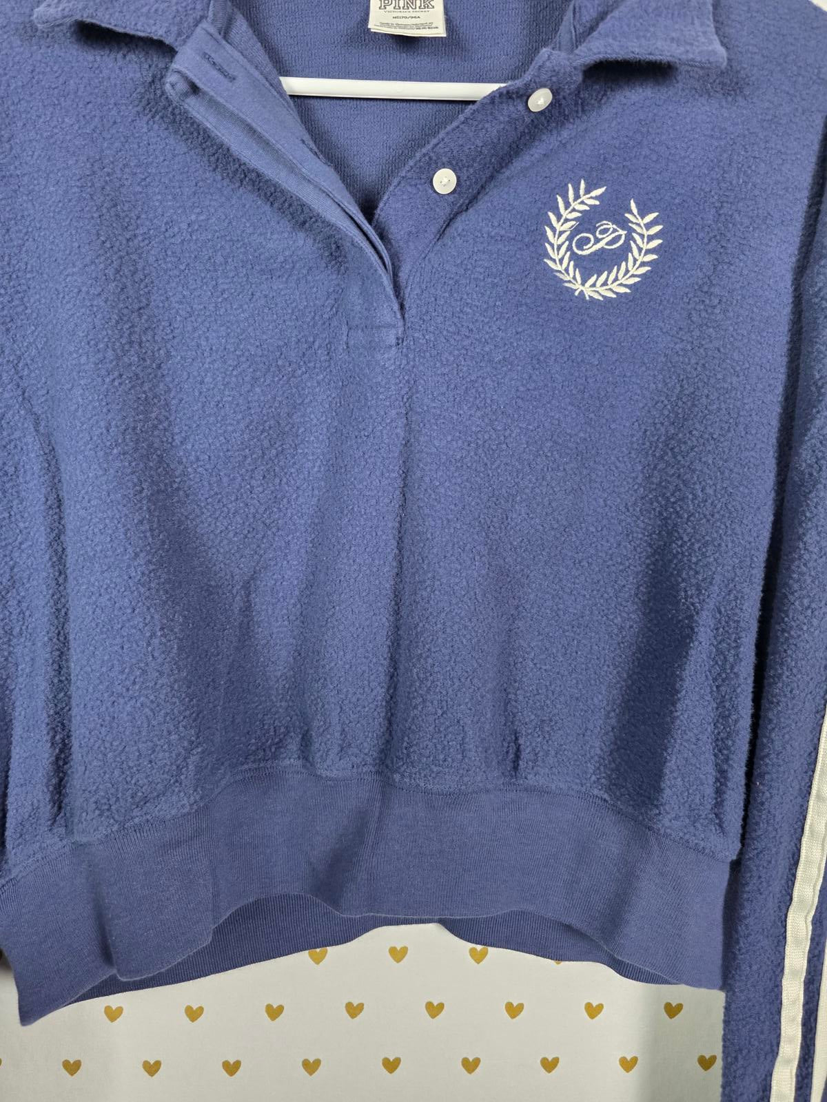 Victorias Secret Pink Cropped Fleece Fuzzy Logo Sweater Shirt Blue Medium