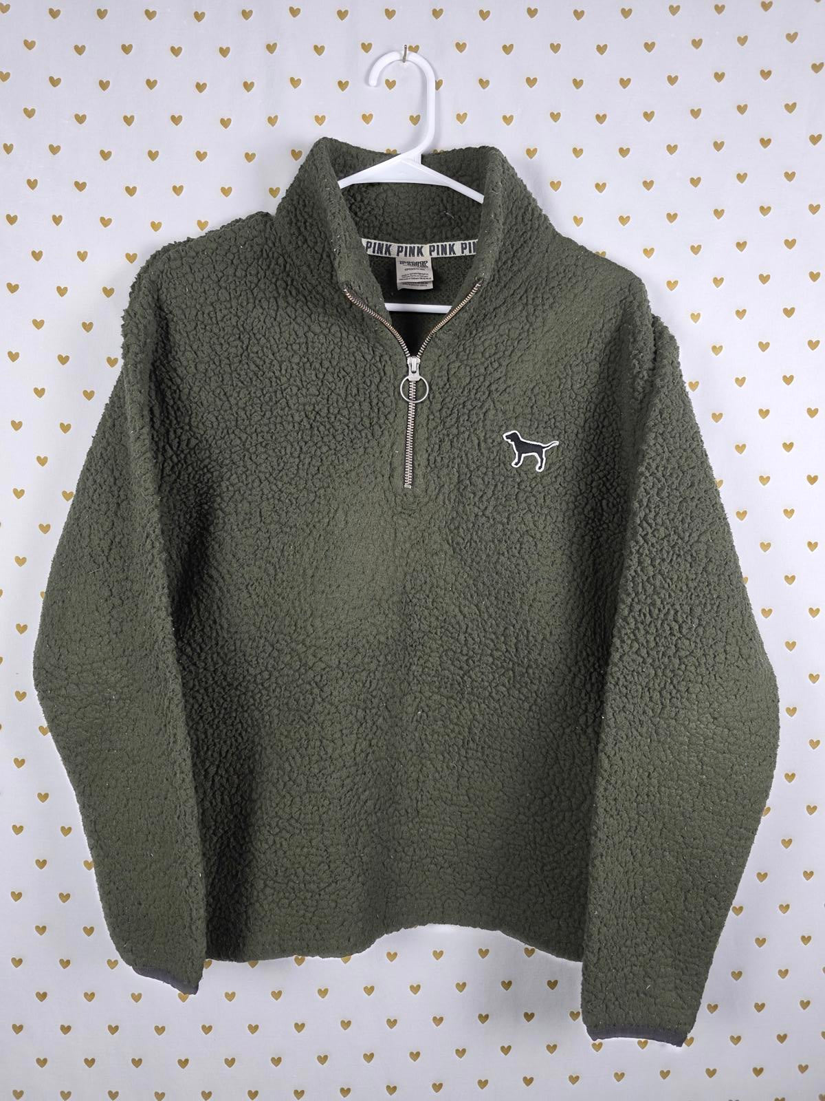 Victorias Secret Pink Green Quarter Zip Fido Dog Logo sweater jacket Fuzzy SMALL