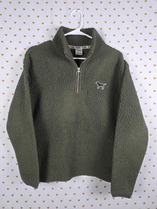 Victorias Secret Pink Green Quarter Zip Fido Dog Logo sweater jacket Fuzzy SMALL