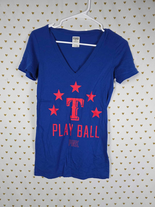 Victorias Secret PINK V neck blue Texas Rangers MLB tee shirt SMALL