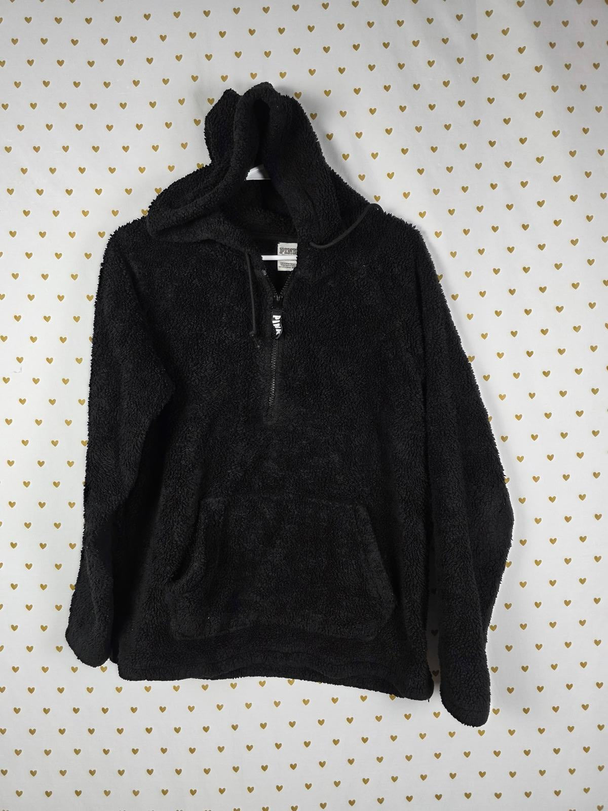Victorias Secret Pink Black Quarter Zip Fuzzy Fleece Hoodie Jacket Pullover XS