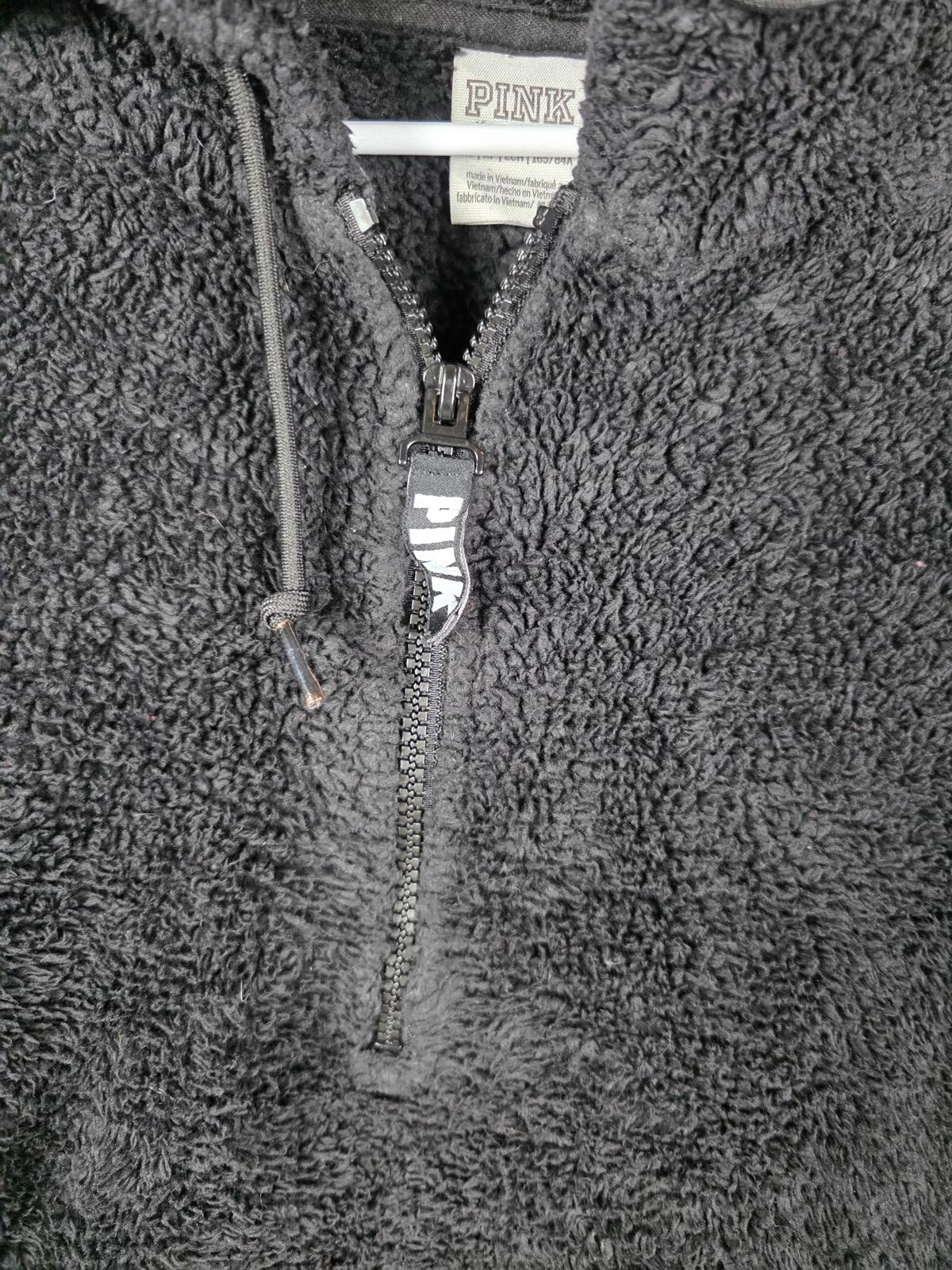 Victorias Secret Pink Black Quarter Zip Fuzzy Fleece Hoodie Jacket Pullover XS