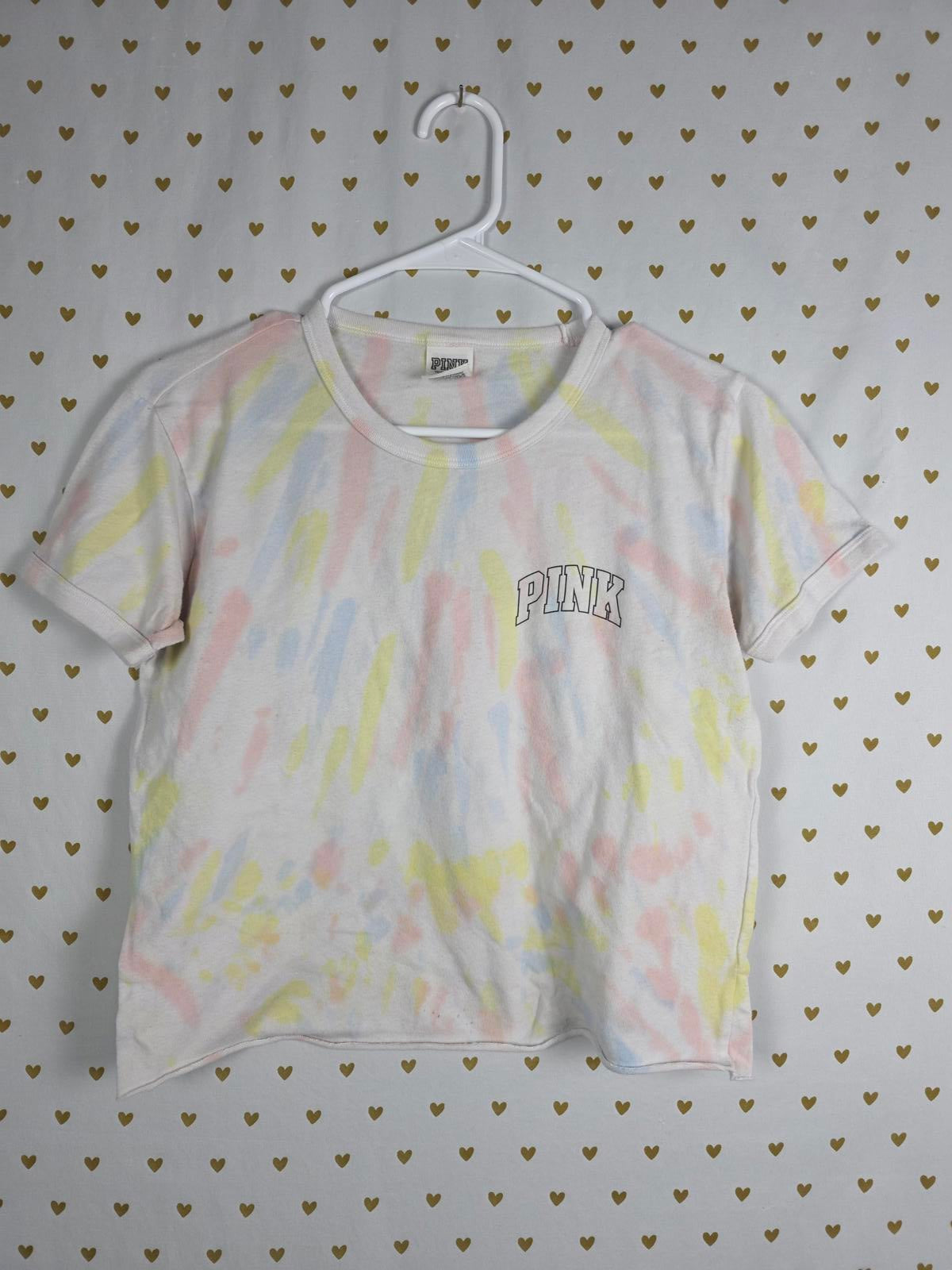 Victorias Secret PINK Cropped Rainbow Tye Dye Shirt Logo xs