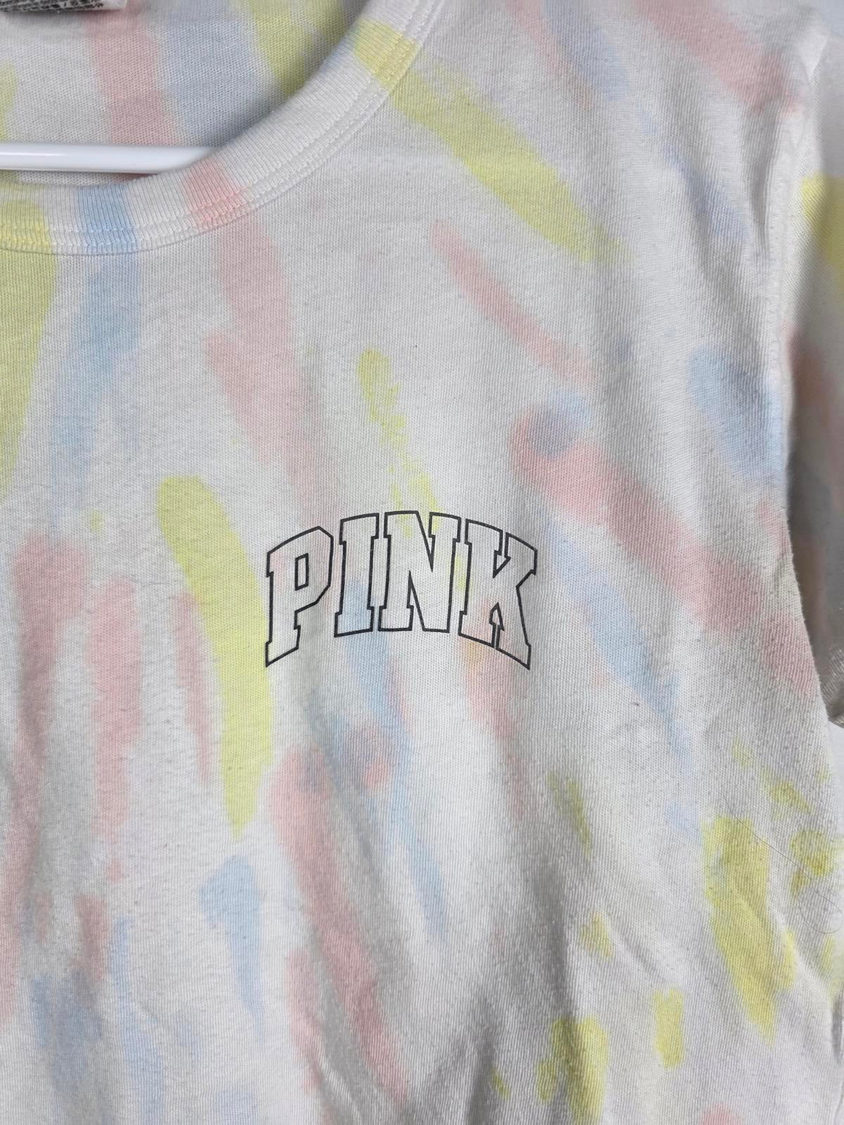 Victorias Secret PINK Cropped Rainbow Tye Dye Shirt Logo xs