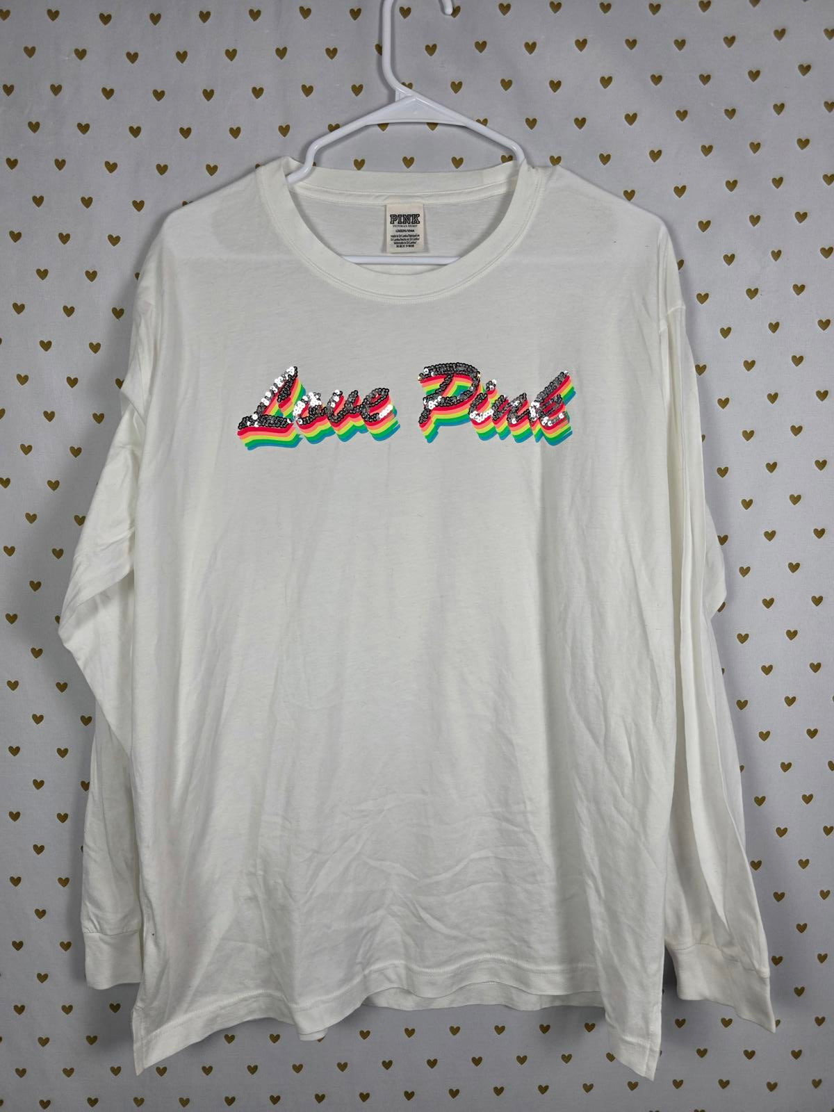 Victorias Secret PINK LOVE RAINBOW BLING Sequined Long Sleeve Neon Tee shirt L