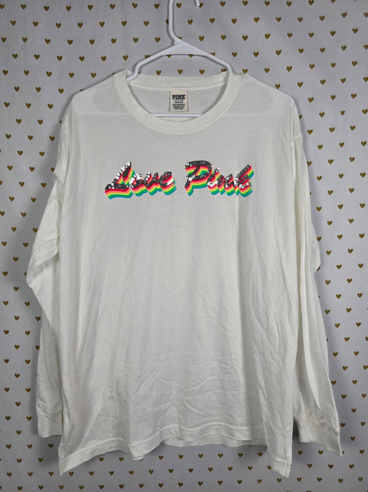 Victorias Secret PINK LOVE RAINBOW BLING Sequined Long Sleeve Neon Tee shirt L