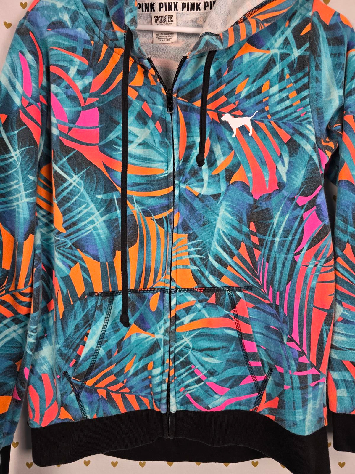 Victorias Secret Pink Neon RARE Floral Full Zip Jacket XS Oversized Hoodie