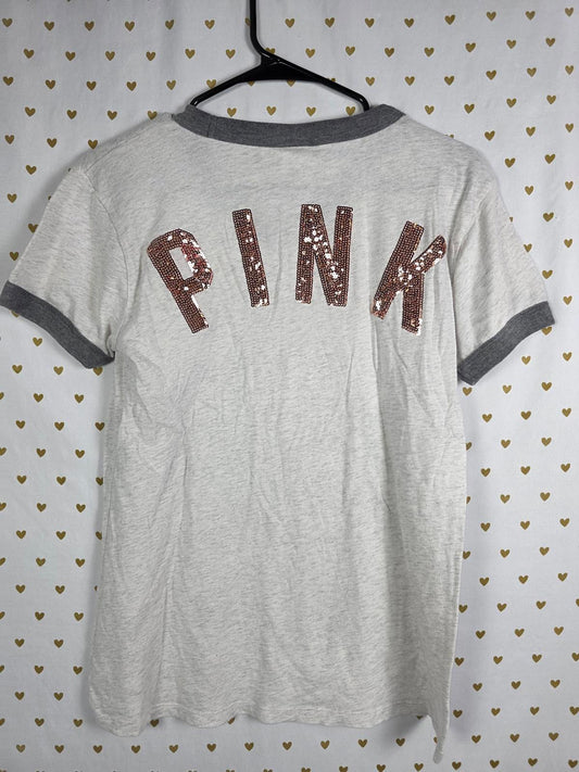 Victorias Secret PINK GOLD BLING sequined RINGER tee shirt SMALL