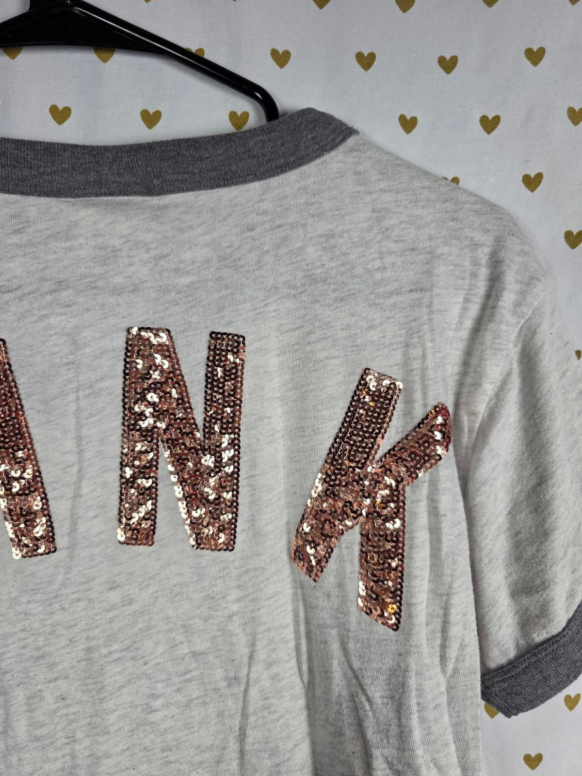Victorias Secret PINK GOLD BLING sequined RINGER tee shirt SMALL
