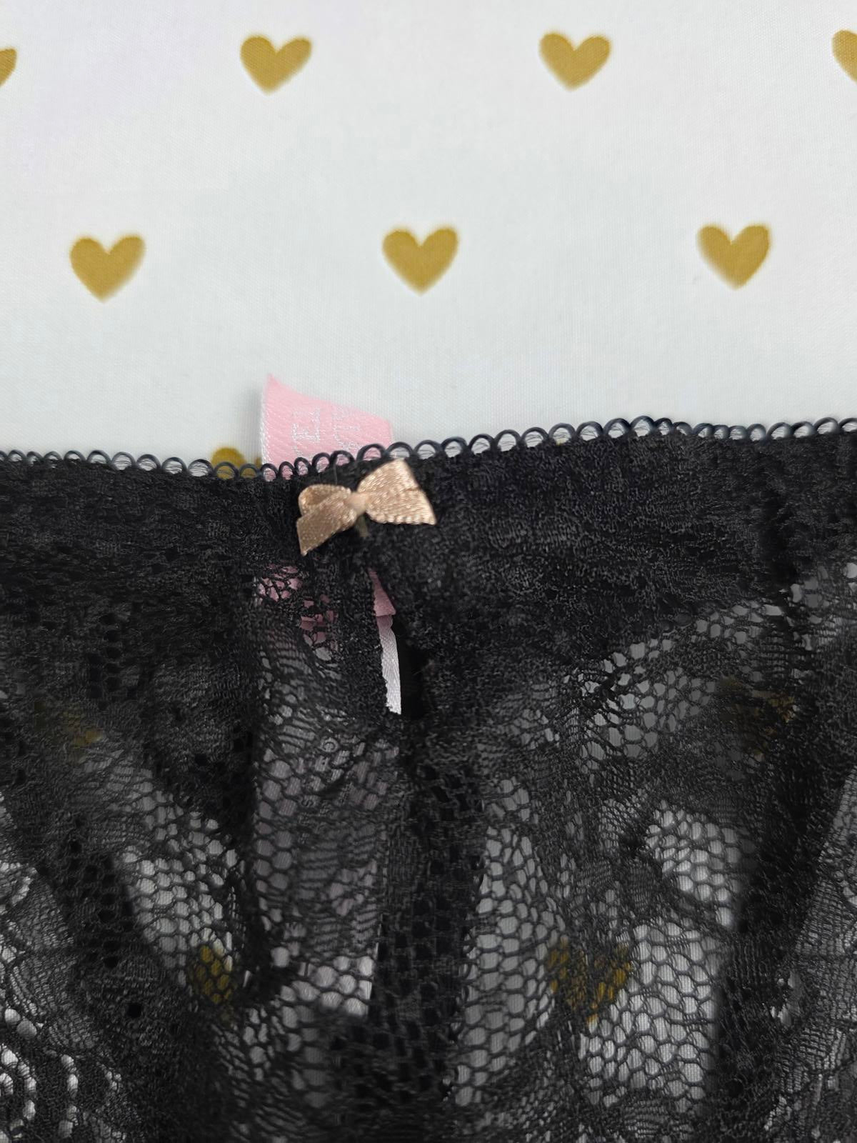Victorias Secret VINTAGE Large Black BOW V String Thong Lace Panties