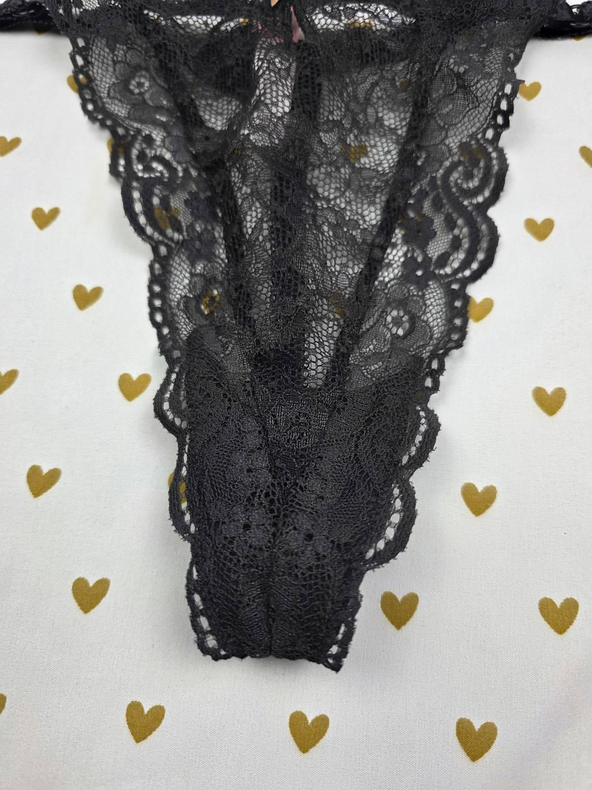 Victorias Secret VINTAGE Large Black BOW V String Thong Lace Panties