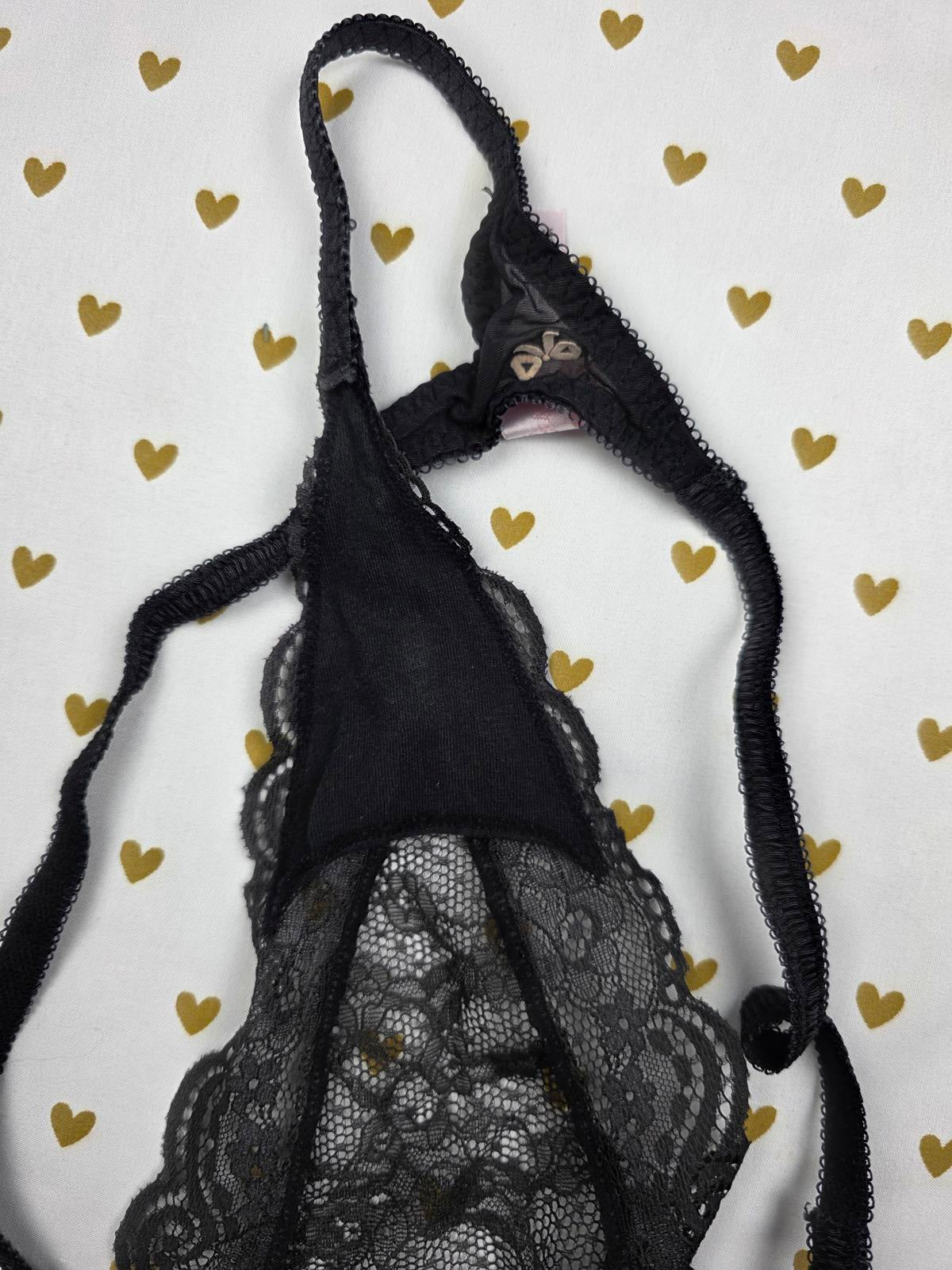 Victorias Secret VINTAGE Large Black BOW V String Thong Lace Panties