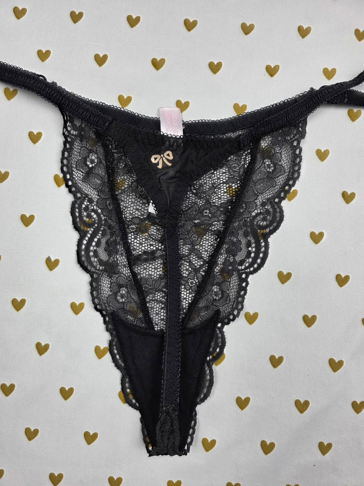 Victorias Secret VINTAGE Large Black BOW V String Thong Lace Panties