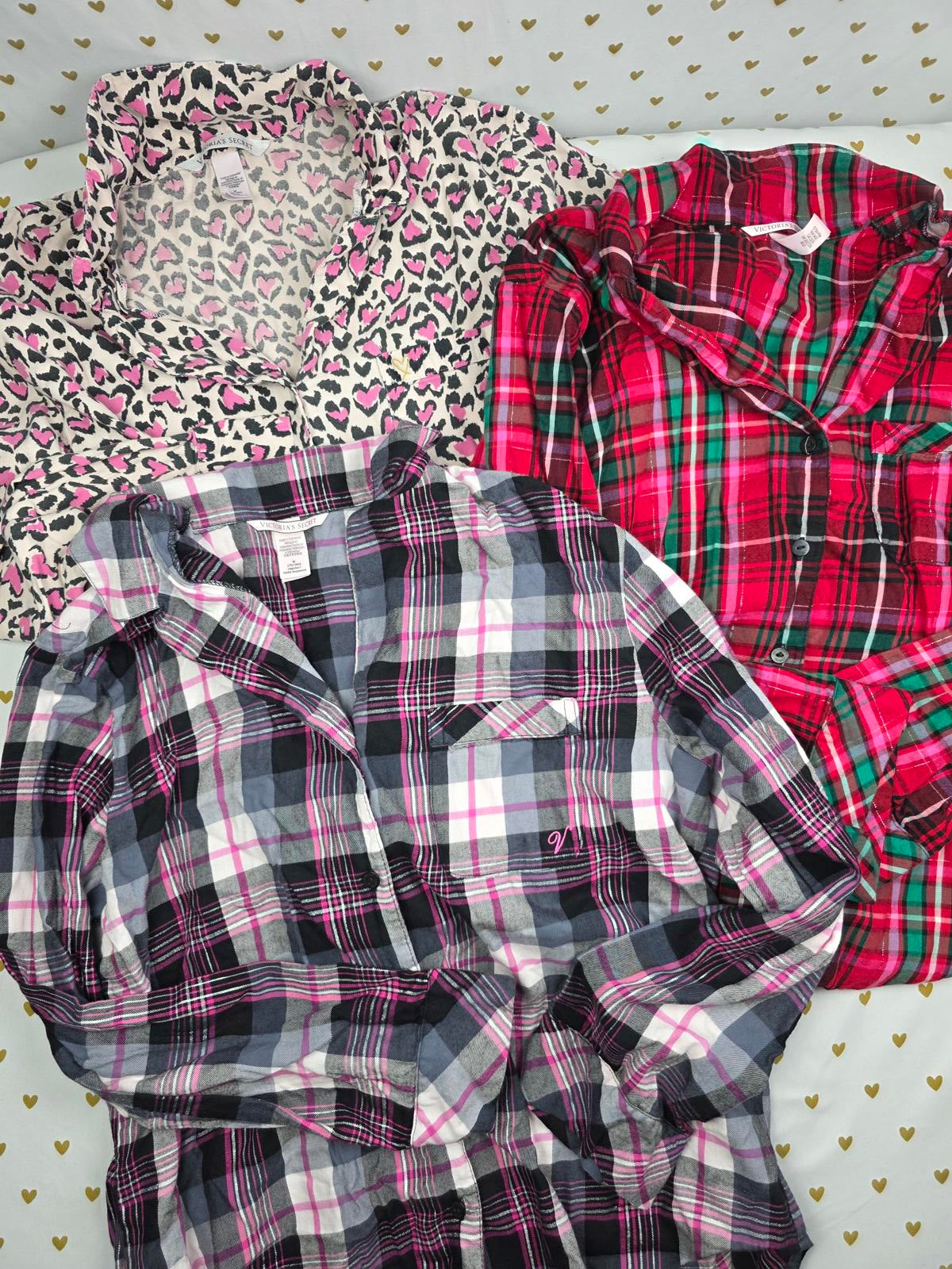 Victorias Secret lot of 3 Medium PLAID Sleep Tops Shirts Pajama PJ Cheetah Plaid