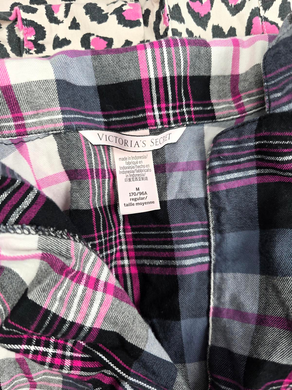Victorias Secret lot of 3 Medium PLAID Sleep Tops Shirts Pajama PJ Cheetah Plaid
