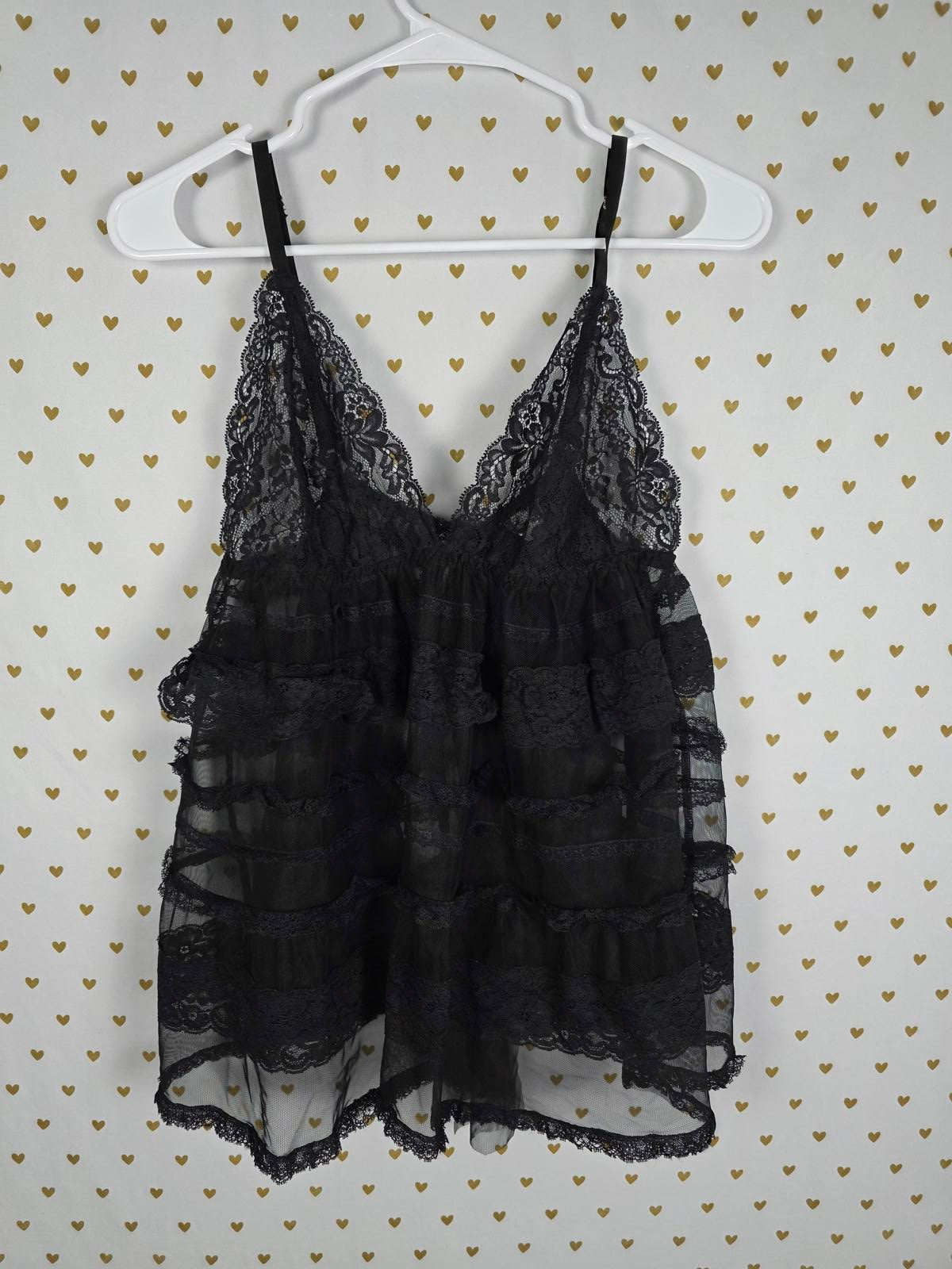 Victorias Secret Sheer Sexy Black babydoll Ruffled Open Lingerie LARGE