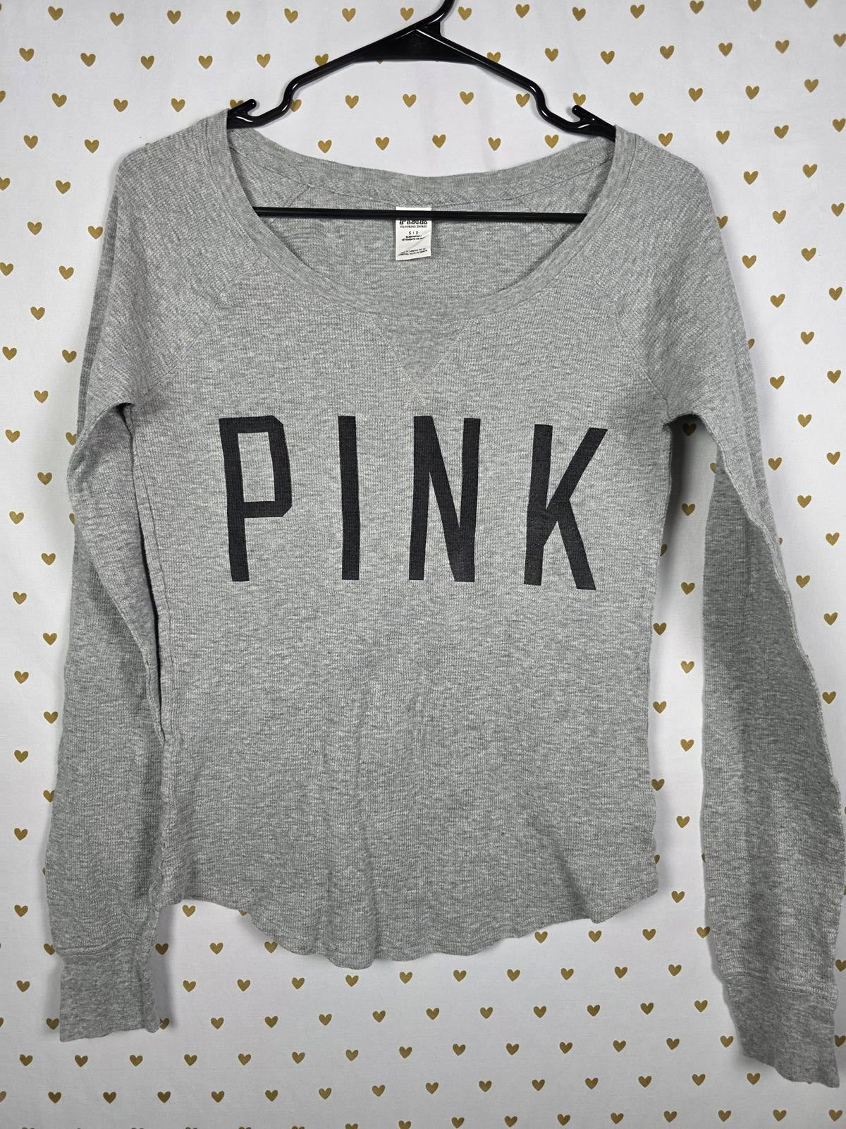 Victorias Secret PINK Waffle Textured Logo Long sleeve Shirt SMALL Grey