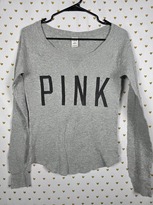 Victorias Secret PINK Waffle Textured Logo Long sleeve Shirt SMALL Grey